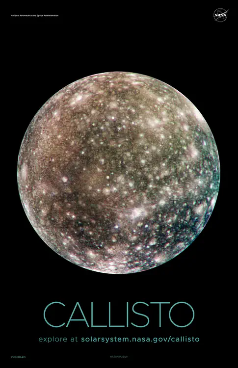 Bright scars on a darker surface testify to a long history of impacts on Jupiter's moon Callisto in [this image from NASA's Galileo spacecraft](https://solarsystem.nasa.gov/resources/811/global-callisto-in-color/). Credit: NASA/JPL/DLR ⬇️ High resolution PDF [here](https://solarsystem.nasa.gov/system/downloadable_items/1349_Callisto_A_PDF.zip)