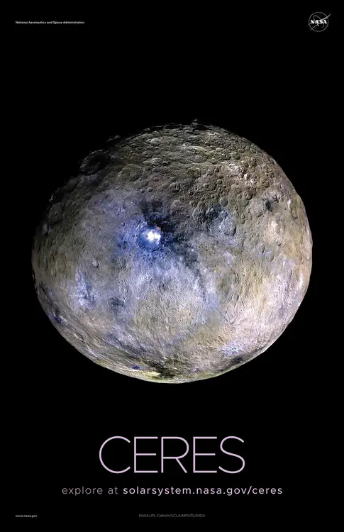 The dwarf planet Ceres is shown in a [false-color rendering](https://solarsystem.nasa.gov/resources/846/ceres-rotation-and-occator-crater/), which highlights differences in surface materials. Credit: NASA/JPL-Caltech/UCLA/MPS/DLR/IDA ⬇️ High resolution PDF [here](https://solarsystem.nasa.gov/system/downloadable_items/1421_Ceres_A_PDF.zip)