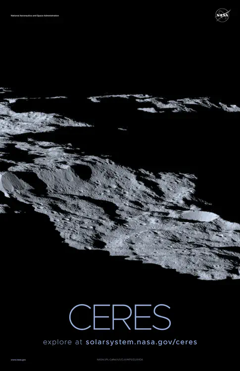 This view of Ceres, taken by NASA's Dawn spacecraft in December 2015, shows [an area in the southern hemisphere of the dwarf planet](https://solarsystem.nasa.gov/resources/625/dawns-lowest-orbit-near-south-pole/?category=planets/dwarf-planets_ceres). Credit: NASA/JPL-Caltech/UCLA/MPS/DLR/IDA ⬇️ High resolution PDF [here](https://solarsystem.nasa.gov/system/downloadable_items/1425_Ceres_B_PDF.zip)