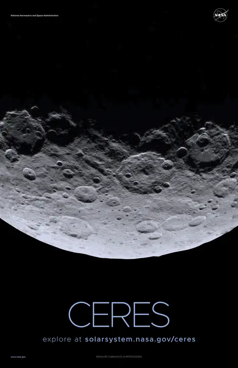 This [image of Ceres](https://solarsystem.nasa.gov/resources/792/dawn-rc3-image-3/) is part of a sequence taken by NASA's Dawn spacecraft in 2015. Credit: NASA/JPL-Caltech/UCLA/MPS/DLR/IDA ⬇️ High resolution PDF [here](https://solarsystem.nasa.gov/system/downloadable_items/1429_Ceres_C_PDF.zip)