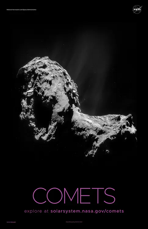 A mosaic comprising [four individual images of comet 67P/Churyumov-Gerasimenko](https://solarsystem.nasa.gov/resources/788/rosetta-comet/) from the European Space Agency's Rosetta mission in November 2014. Credit: ESA/Rosetta/NAVCAM ⬇️ High resolution PDF [here](https://solarsystem.nasa.gov/system/downloadable_items/1433_Comets_A_PDF.zip)