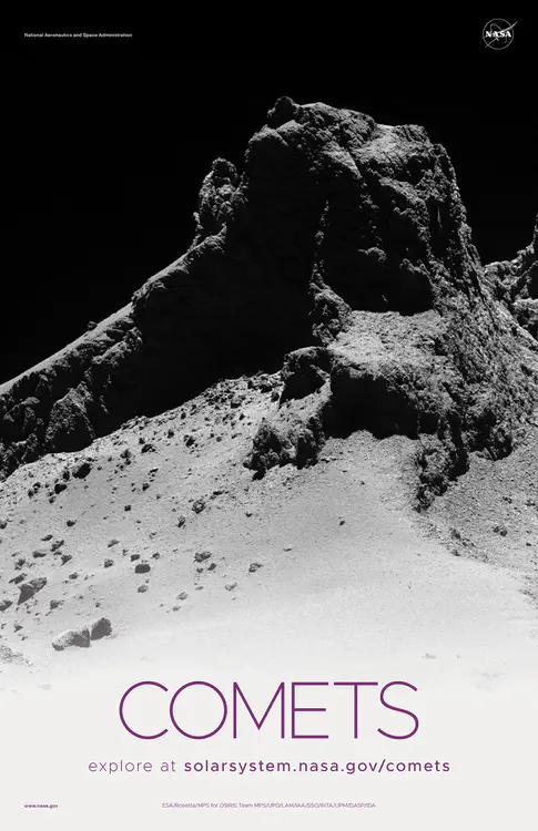 A section of [the smaller of comet 67P/Churyumov–Gerasimenko’s two lobes](https://rosetta.jpl.nasa.gov/gallery/images/comet-67p/churyumov-gerasimenko/comet-8-km) as seen by the European Space Agency's Rosetta mission in October 2014. Credit: ESA/Rosetta/MPS for OSIRIS Team MPS/UPD/LAM/IAA/SSO/INTA/UPM/DASP/IDA ⬇️ High resolution PDF [here](https://solarsystem.nasa.gov/system/downloadable_items/1441_Comets_C_PDF.zip)