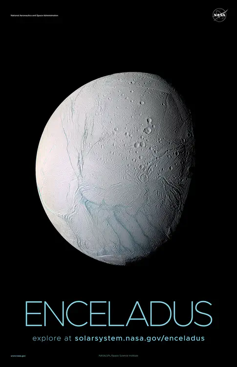 As it swooped past the south pole of Saturn's moon Enceladus in July 2005, Cassini acquired [high resolution views](https://solarsystem.nasa.gov/resources/214/zooming-in-on-enceladus-mosaic/) of this puzzling world of ice and oceans. Credit: NASA/JPL-Caltech/Space Science Institute ⬇️ High resolution PDF [here](https://solarsystem.nasa.gov/system/downloadable_items/1529_Enceladus_A_PDF.zip)