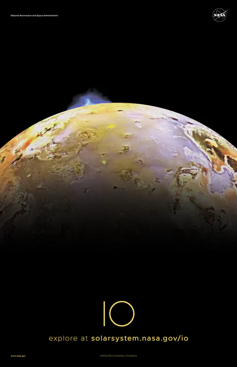 NASA's Galileo spacecraft caught Jupiter's moon Io, the planet’s third-largest moon, undergoing a volcanic eruption. Credit: NASA/JPL/University of Arizona ⬇️ High resolution PDF [here](https://solarsystem.nasa.gov/system/downloadable_items/1481_Io_B_PDF.zip)
