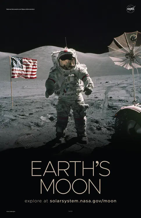 An Apollo 17 astronaut [standing on the lunar surface](https://solarsystem.nasa.gov/resources/794/apollo-17-astronaut-and-united-states-flag-on-lunar-surface/). Credit: NASA ⬇️ High resolution PDF [here](https://solarsystem.nasa.gov/system/downloadable_items/1497_Moon_B_PDF.zip)