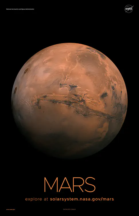 A [mosaic of the Valles Marineris hemisphere of Mars](https://solarsystem.nasa.gov/resources/683/mars-valles-marineris-hemisphere-enhanced/), created with images from NASA's Viking orbiters, projected into point perspective--a view similar to that which one would see from a spacecraft. Credit: NASA/JPL-Caltech ⬇️ High resolution PDF [here](https://solarsystem.nasa.gov/system/downloadable_items/1569_1569_Mars_A_PDF.zip)