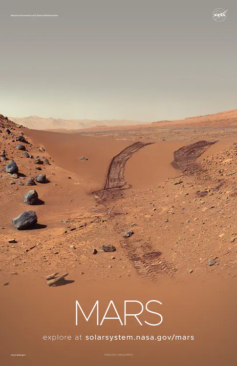 This [look back at a dune](https://solarsystem.nasa.gov/resources/464/curiositys-color-view-of-martian-dune-after-crossing-it/) that NASA's Curiosity Mars rover crossed was taken by the rover's Mast Camera in February 2014. Credit: NASA/JPL-Caltech/MSSS ⬇️ High resolution PDF [here](https://solarsystem.nasa.gov/system/downloadable_items/1577_1577_Mars_C_PDF.zip)
