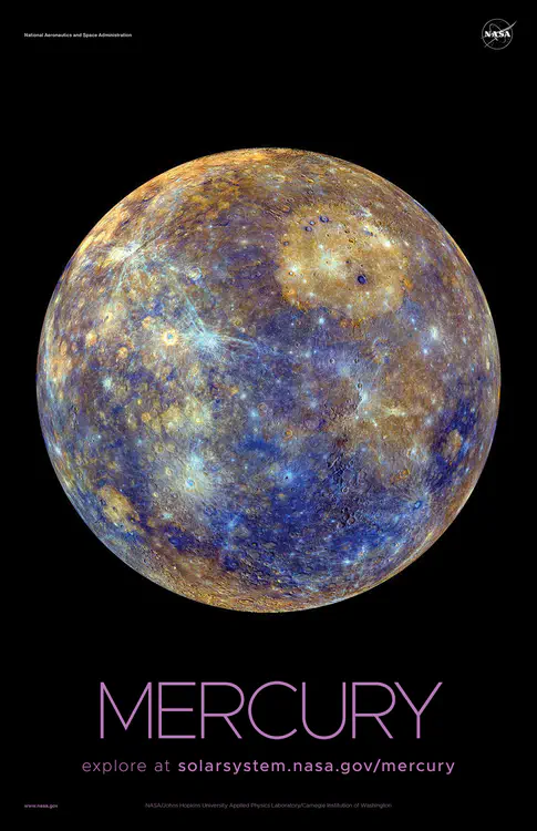 A [global map of Mercury's surface](https://solarsystem.nasa.gov/resources/532/mercury-false-color-rotation-movie/) created from images obtained by NASA's MESSENGER spacecraft. The colors are not what the eye would see, but are related to compositional variations on the surface. Credit: NASA/Johns Hopkins University Applied Physics Laboratory/Carnegie Institution of Washington ⬇️ High resolution PDF [here](https://solarsystem.nasa.gov/system/downloadable_items/1611_Mercury_A_PDF.zip)