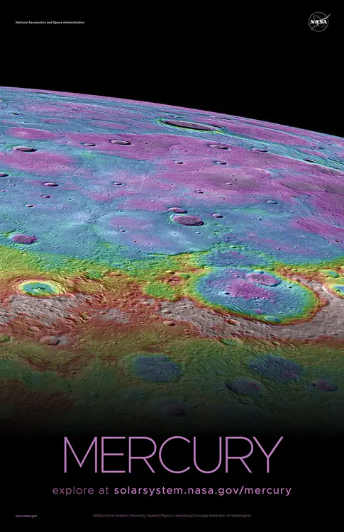 A [perspective view](https://solarsystem.nasa.gov/resources/773/lowlands-in-mercurys-north/) from NASA's MESSENGER spacecraft, looking towards Mercury's north and colorized by the topographic height of the surface. Credit: NASA/Johns Hopkins University Applied Physics Laboratory/Carnegie Institution of Washington ⬇️ High resolution PDF [here](https://solarsystem.nasa.gov/system/downloadable_items/1619_Mercury_C_PDF.zip)