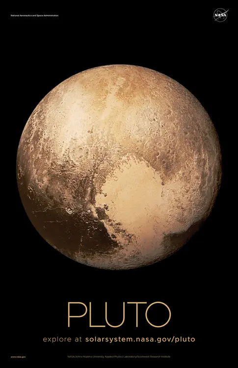 A color view of Pluto, [as seen in July 2015 by NASA's New Horizons mission](https://solarsystem.nasa.gov/resources/855/color-pluto/). Credit: NASA/Johns Hopkins University Applied Physics Laboratory/Southwest Research Institute ⬇️ High resolution PDF [here](https://solarsystem.nasa.gov/system/downloadable_items/1599_Pluto_A_PDF.zip)