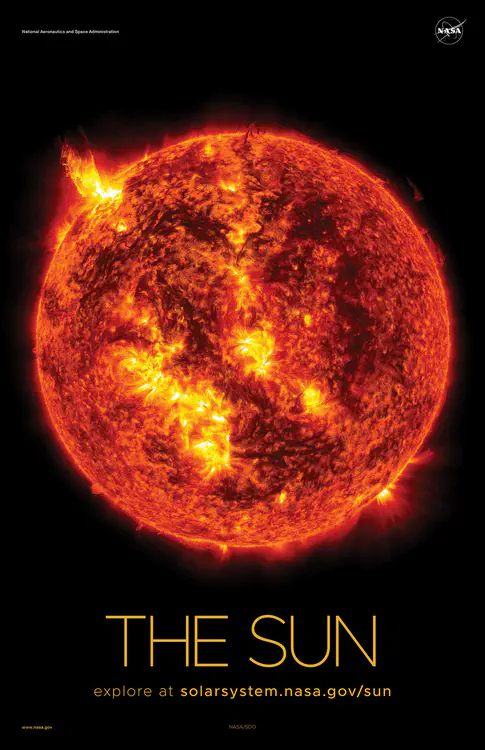 A [solar flare erupts from the Sun](https://solarsystem.nasa.gov/resources/386/sun-emits-a-solstice-flare-and-cme/) as seen by NASA’s Solar Dynamics Observatory in 2013. Credit: NASA/SDO ⬇️ High resolution PDF [here](https://solarsystem.nasa.gov/system/downloadable_items/1405_Sun_A_PDF.zip)