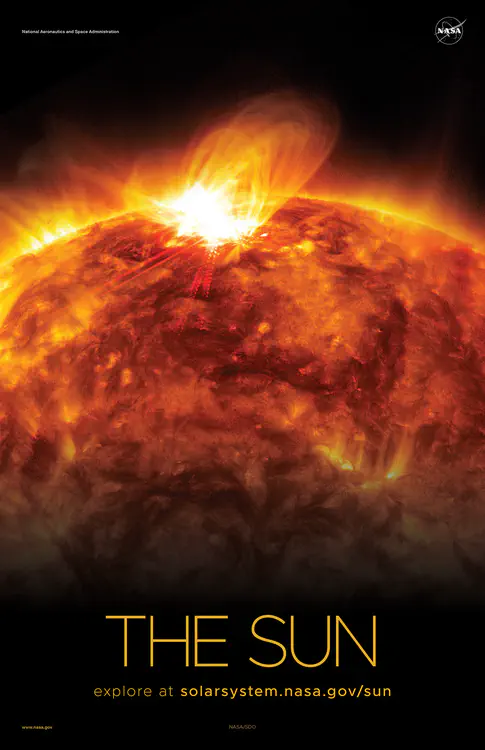 The Sun [emits a mid-level solar flare](https://solarsystem.nasa.gov/resources/768/nasas-sdo-sees-sun-emit-mid-level-flare-oct-1/), as seen by NASA’s Solar Dynamics Observatory in 2015. Credit: NASA/SDO ⬇️ High resolution PDF [here](https://solarsystem.nasa.gov/system/downloadable_items/1413_Sun_C_PDF.zip)