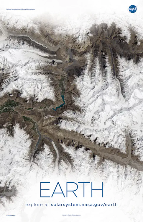 In this image from NASA's Landsat 8 satellite, [several glaciers flow into the Shimshal Valley](https://solarsystem.nasa.gov/resources/819/when-glaciers-and-rivers-collide/). Credit: NASA Earth Observatory ⬇️ High resolution PDF [here](https://solarsystem.nasa.gov/system/downloadable_items/1465_Earth_F_PDF.zip)