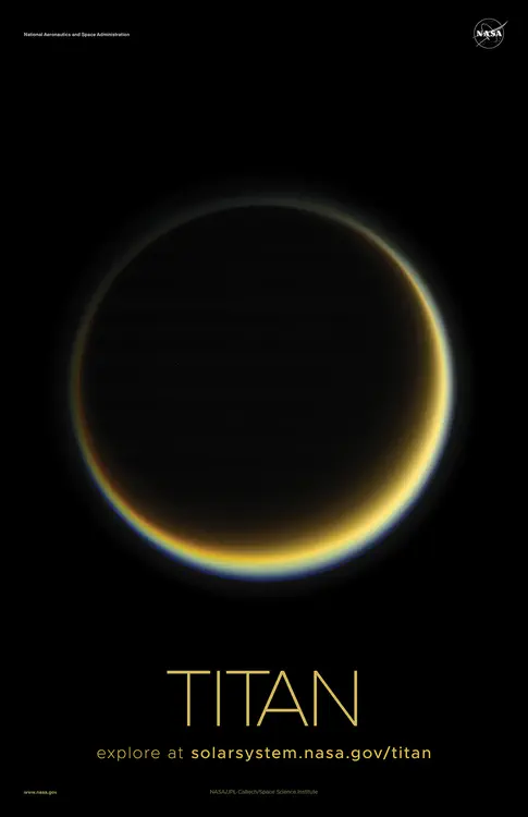 NASA's Cassini spacecraft [looks toward the night side of Titan](https://solarsystem.nasa.gov/resources/799/highlighting-titans-hazes/) in a view that highlights the extended, hazy nature of the moon's atmosphere. Credit: NASA/JPL-Caltech/Space Science Institute ⬇️ High resolution PDF [here](https://solarsystem.nasa.gov/system/downloadable_items/1393_Titan_A_PDF.zip)