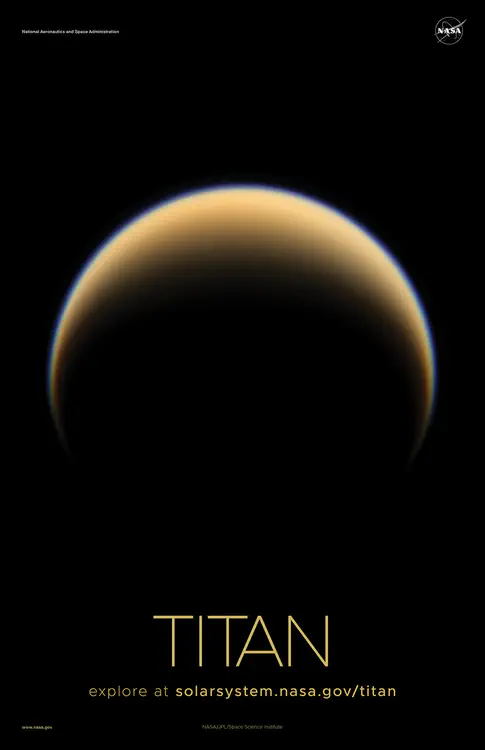 The Cassini spacecraft [looks down on the north pole of Titan](https://solarsystem.nasa.gov/resources/798/colorful-northern-crescent/), showing night and day in the northern hemisphere of Saturn's largest moon. Credit: NASA/JPL-Caltech/Space Science Institute ⬇️ High resolution PDF [here](https://solarsystem.nasa.gov/system/downloadable_items/1401_Titan_C_PDF.zip)