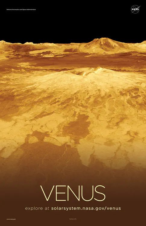 A computer-generated, three-dimensional [perspective view of Sapas Mons](https://solarsystem.nasa.gov/resources/774/venus-3-d-perspective-view-of-sapas-mons/) on the surface of Venus, based on radar data from NASA's Magellan mission. Credit: NASA/JPL ⬇️ High resolution PDF [here](https://solarsystem.nasa.gov/system/downloadable_items/1319_Venus_B_PDF.zip)